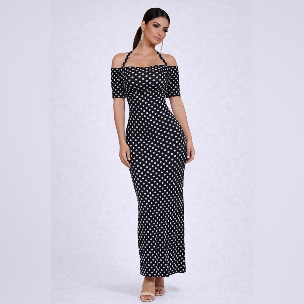 Glitz Beaute “Midnight Illusion” Polka Dot Cut-Out Maxi Set